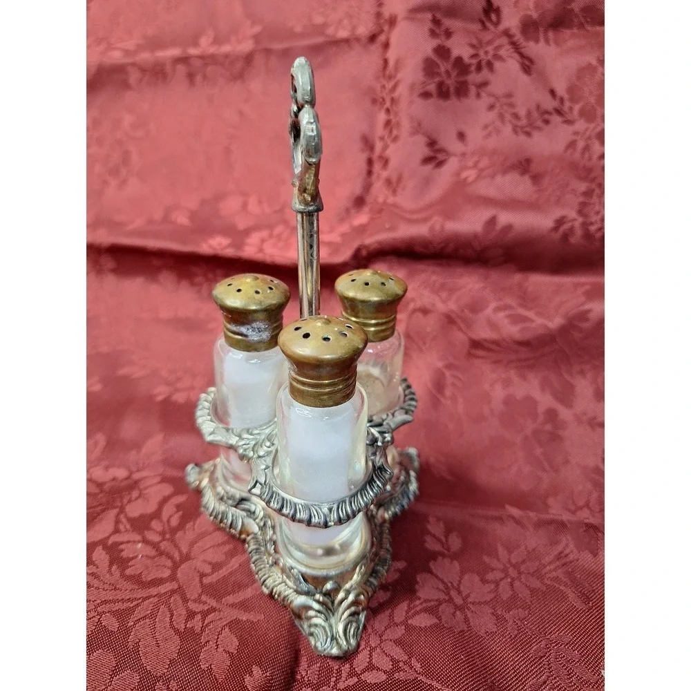 Vintage‎ Ornate Silver Tone Condiment Caddy with 3 Glass Shakers Brass Lids